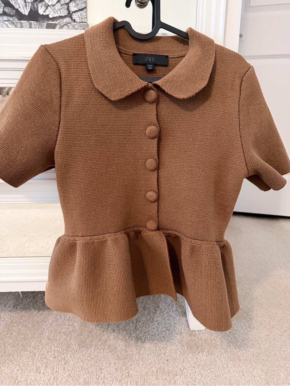 ZARA Camel Brown Peplum Button Knit Top